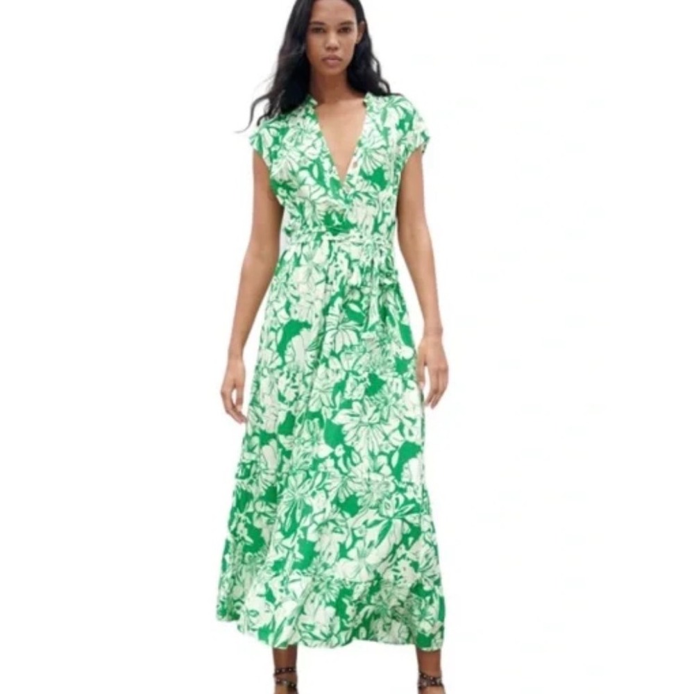 Zara Floral Maxi Dress Women Small Green White Sleeveless Tiered Cottagecore